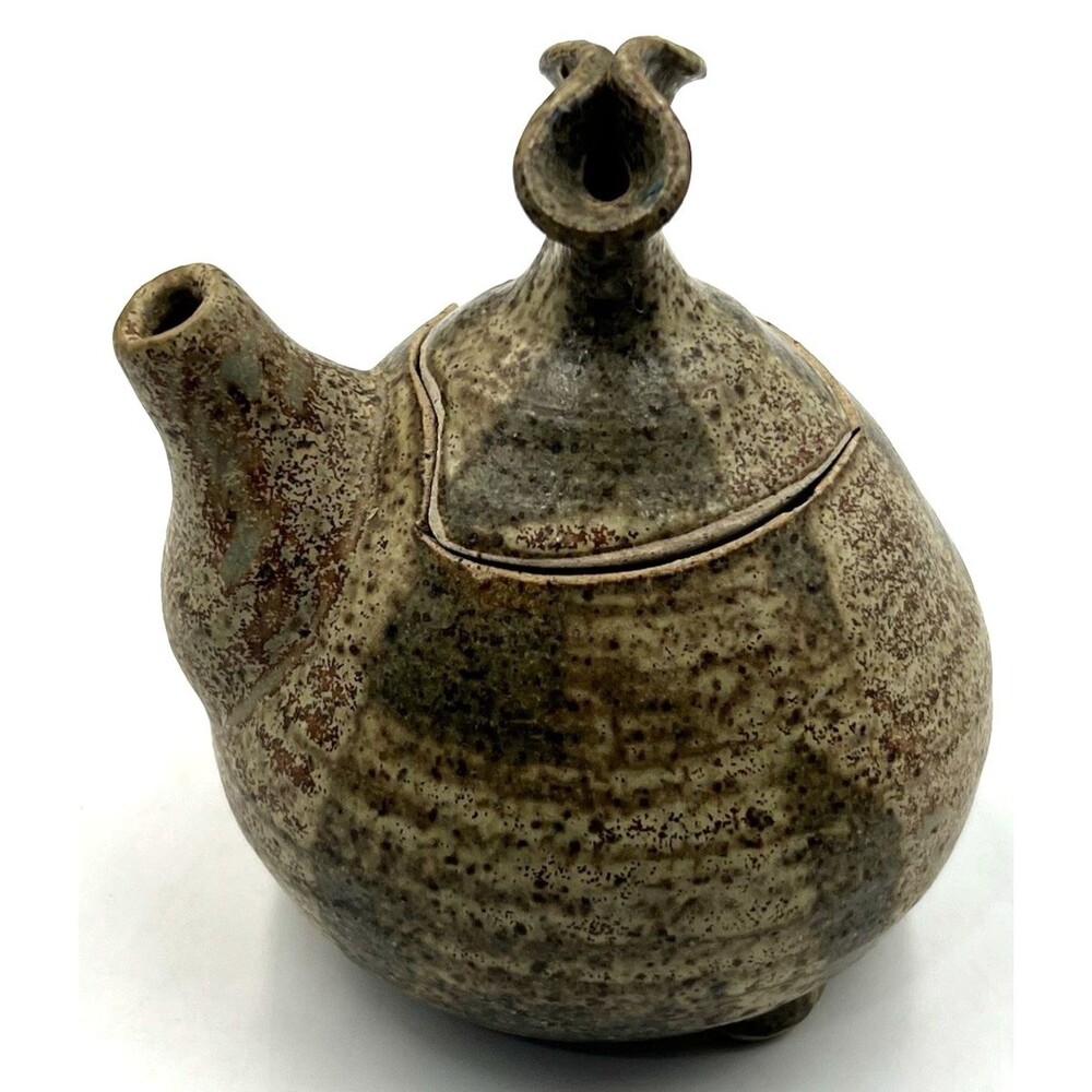 Vintage Studio Pottery Teapot Signed KH Brutalist Stoneware Glazed Speckled